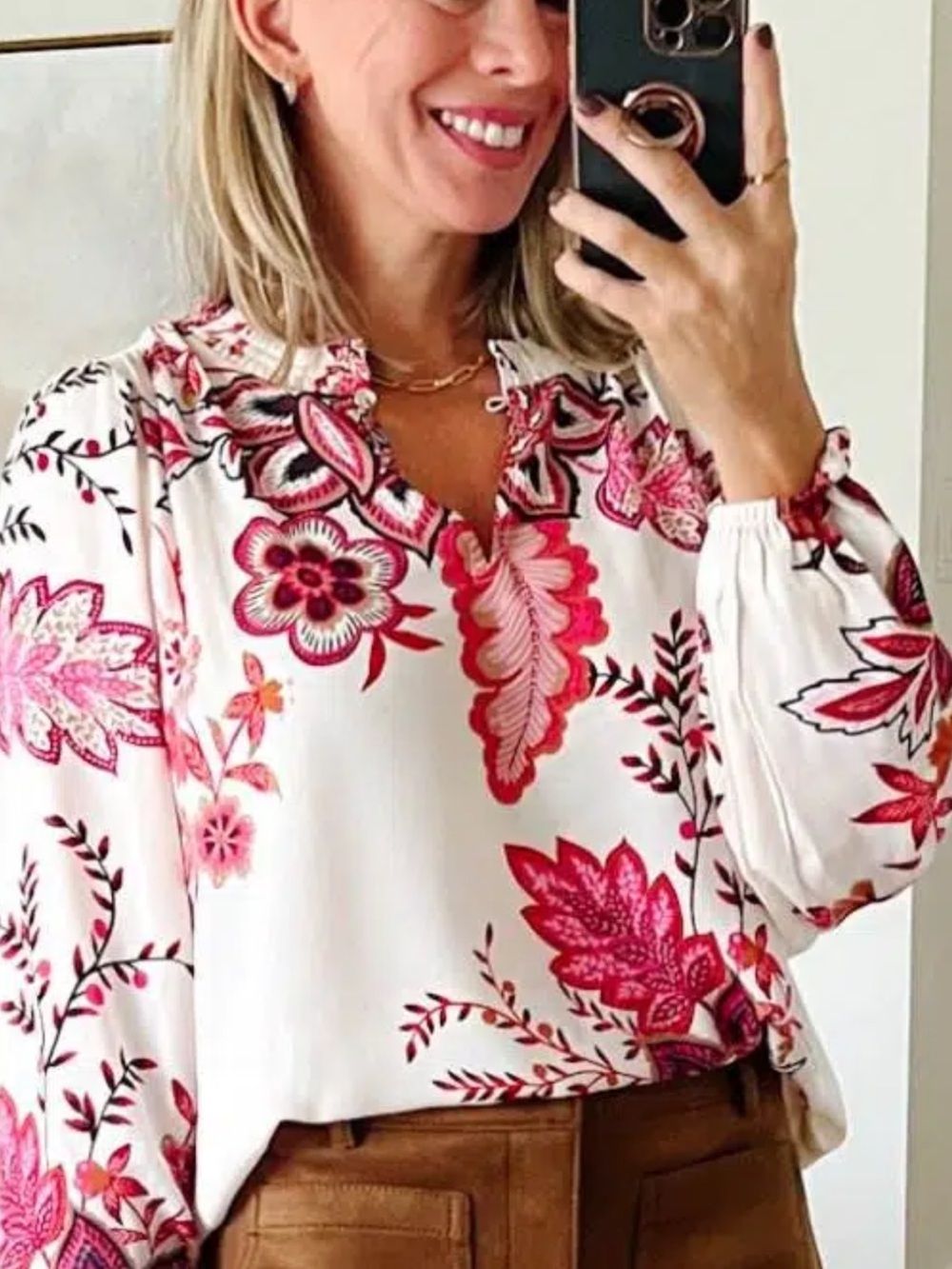 LOFT White Blouse with Pink & Red Floral Print